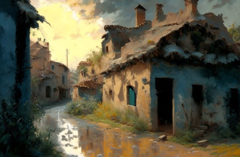 Traditional village street painting at sunset with old houses and overgrown plants in warm golden light.