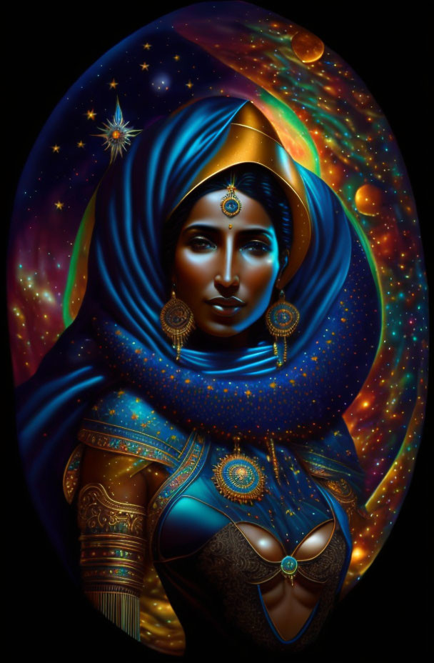 Cosmic-themed woman portrait surrounded by stars and galaxies