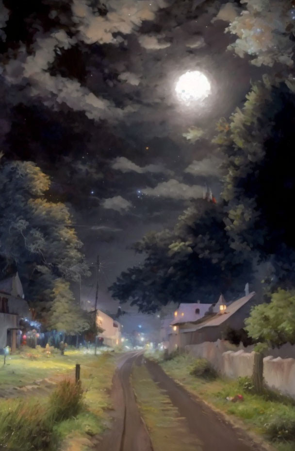 Tranquil night scene with full moon illuminating quiet street