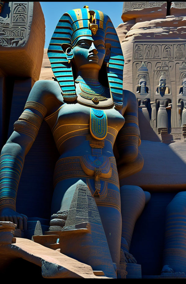 Colossal Egyptian Pharaoh Statue with Hieroglyphics