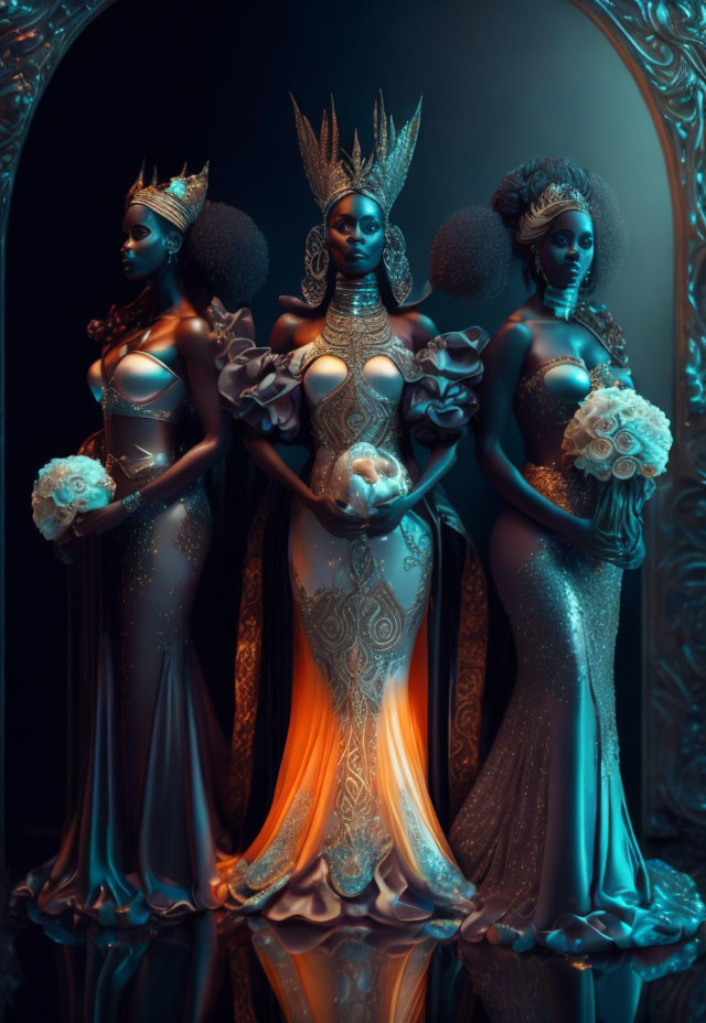 Three women in ornate blue dresses with body art and bouquets on dark background