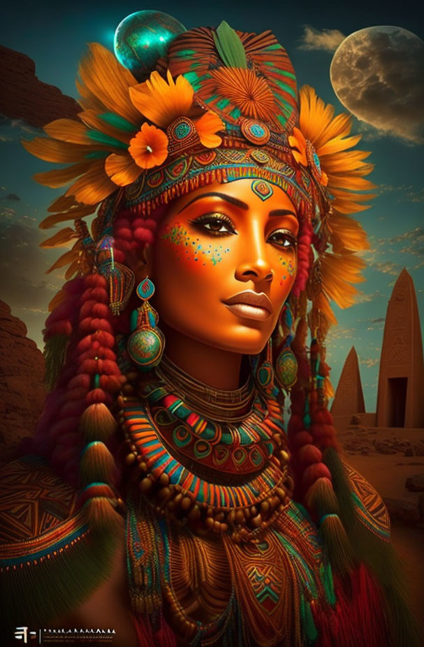 Digital art portrait of woman in tribal attire with Egyptian pyramids and full moon.