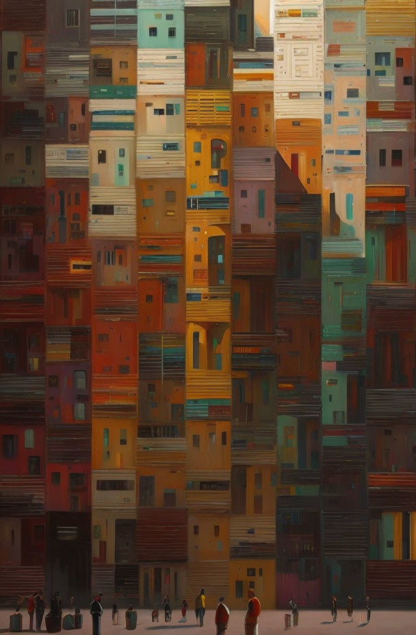 Colorful Abstract Cityscape Painting with Tiny Figures