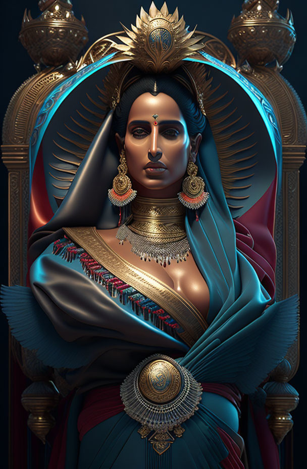 Regal Figure in Blue and Gold Attire with Ornate Jewelry