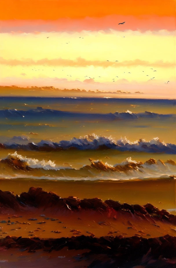 Scenic seascape with warm sunset colors, crashing waves, and flying birds