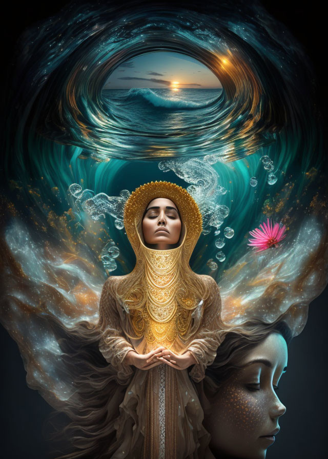 Surreal artwork featuring woman in golden attire with water, light, and pink flower