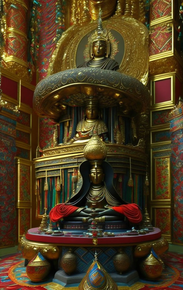 Intricate Buddhist shrine with golden Buddha statues in ornate room