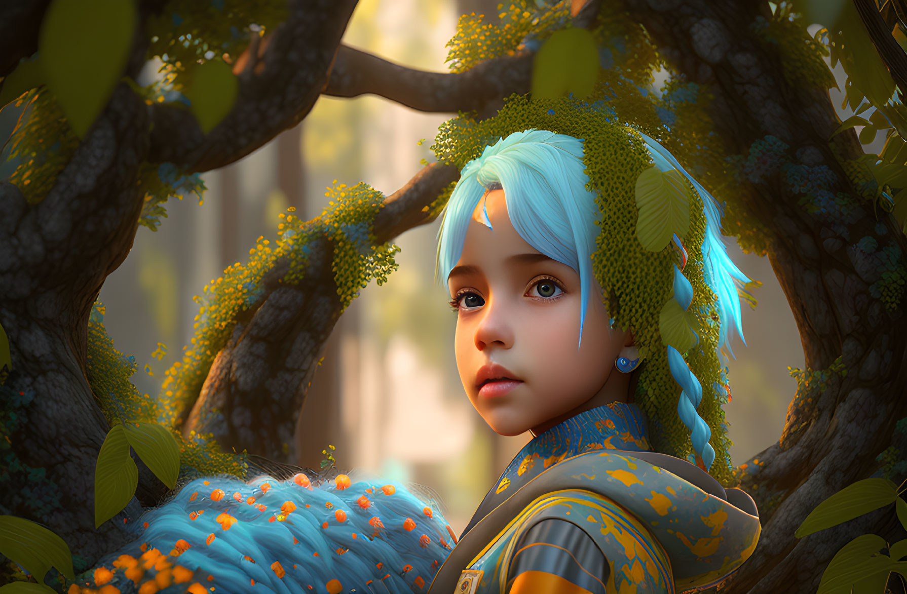 Young girl with blue hair sitting among tree branches in digital artwork