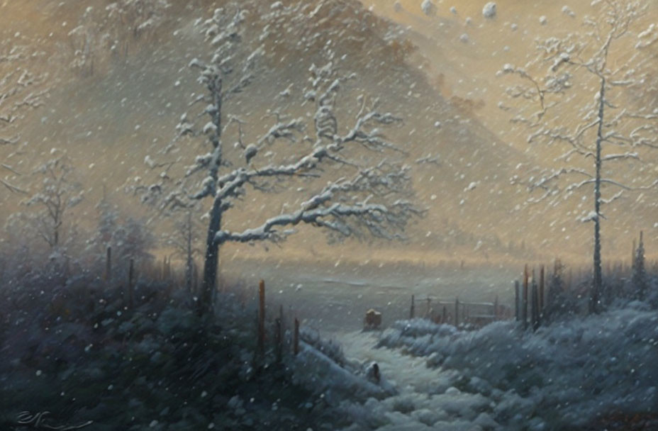 Barren trees in tranquil snowy landscape with distant mountains.