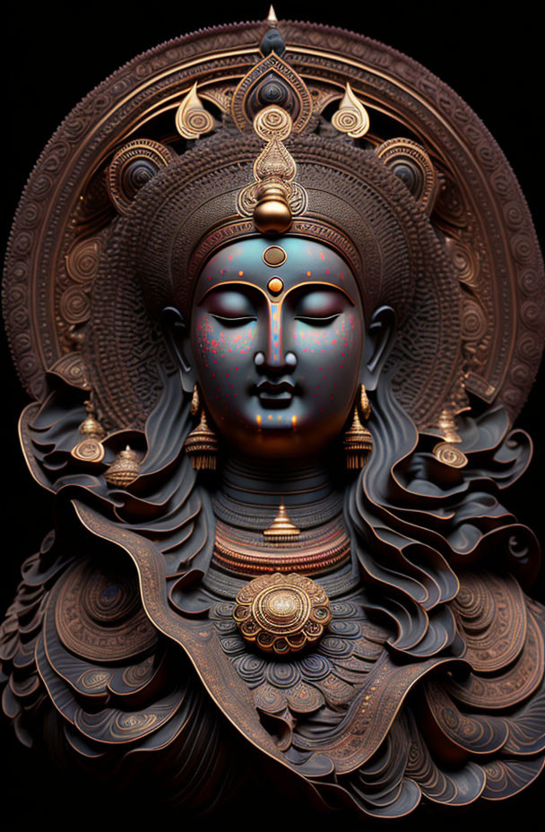 Intricate Serene Face Sculpture with Layered Halos and Elaborate Adornments