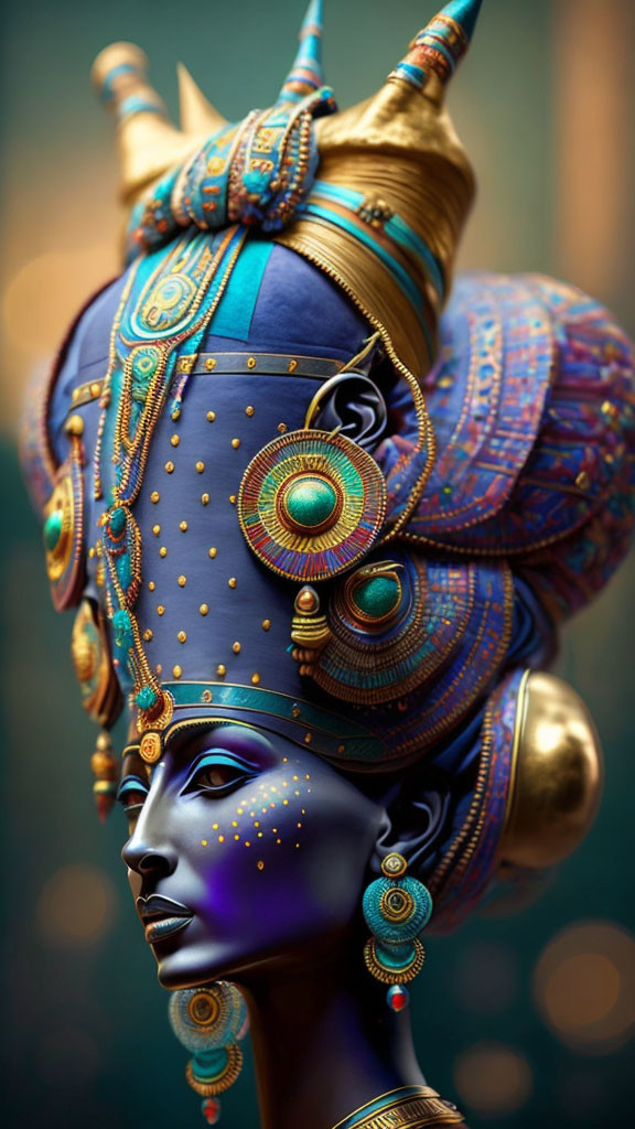 Detailed Egyptian-style headdress on mannequin with blue and gold colors