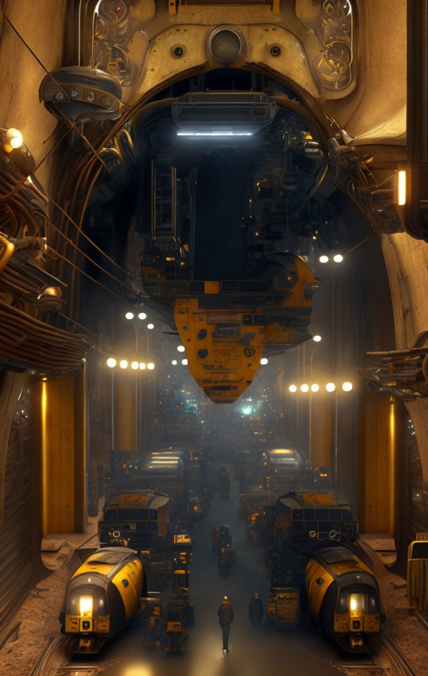 Industrial Sci-Fi Corridor with Machinery, Transport Vehicles, and Solitary Figure