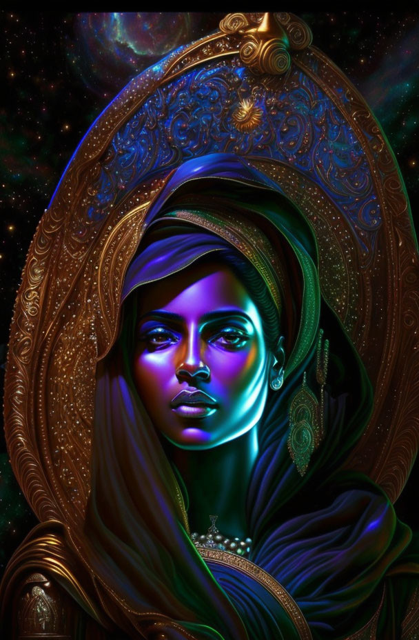 Digital artwork: Woman with blue skin, golden halo, cosmic motifs, rich drapery