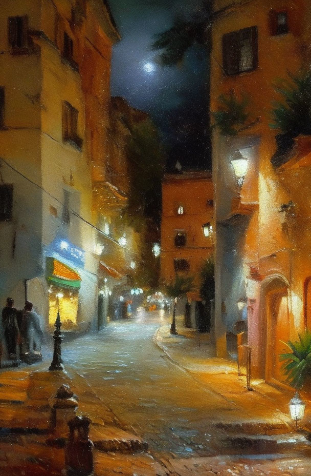 Nocturnal street scene with warm glowing lights