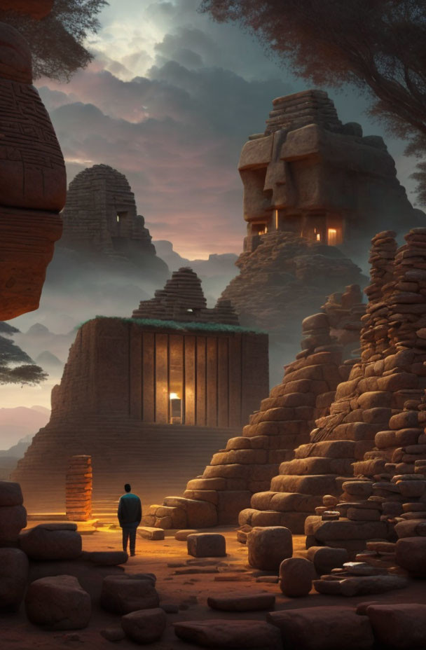 Person standing before ancient glowing stone structures at dusk