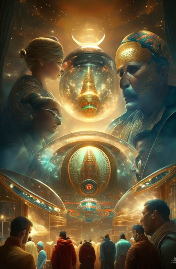 Diverse crowd in futuristic scene with illuminated orb and enigmatic figures