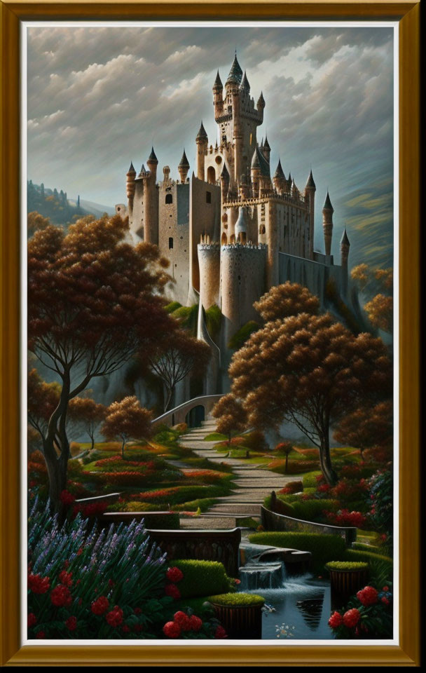 Fairytale castle on hill with autumn trees, flowers, waterfall in golden frame