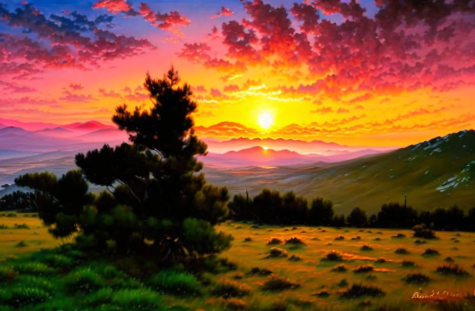 Colorful sunset sky over mountains with lone pine tree.