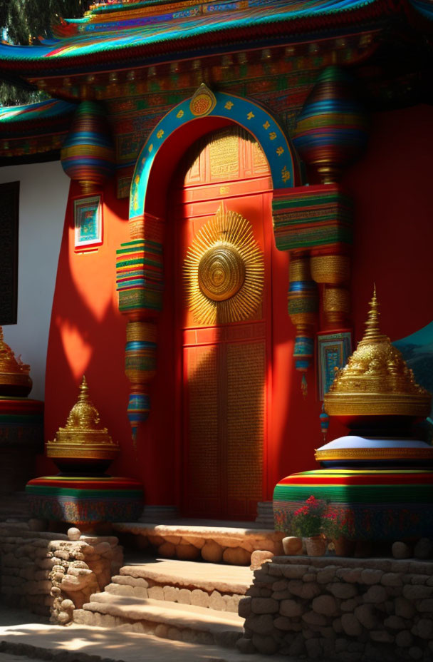 Traditional Tibetan red and gold doorway with ornate design and small stupas.