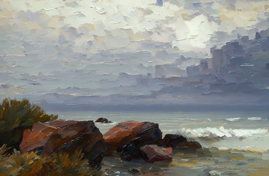 Coastal Scene Oil Painting: Textured Sky, Waves, and Dark Rocks