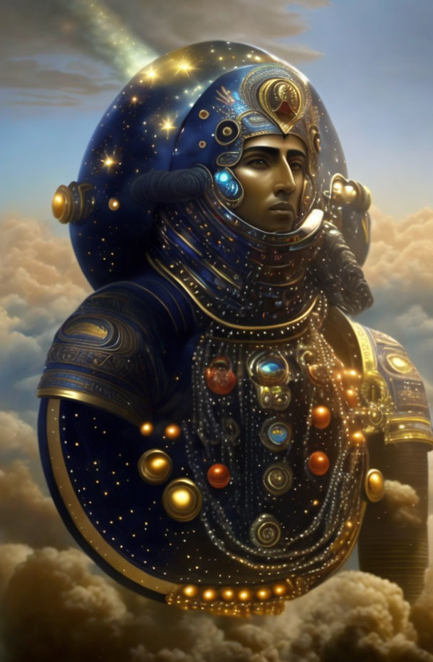 Digital artwork: Person in cosmic armor suit with starry night sky theme against cloudy backdrop