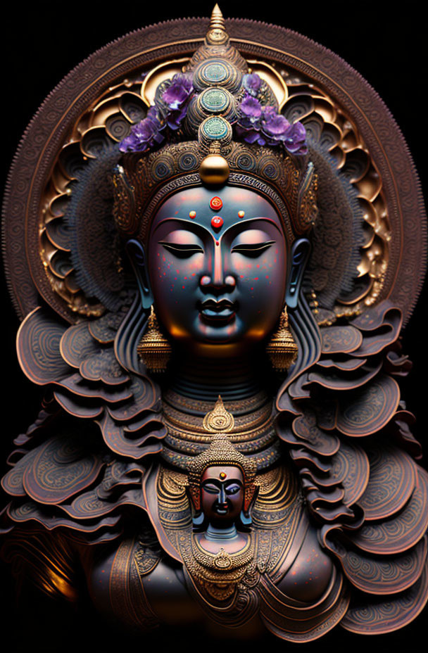 Serene-faced deity with ornate crowns and halos in blue, gold, and purple