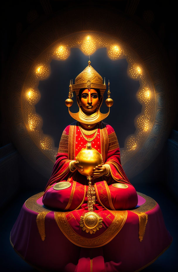 Golden multi-headed deity statue in traditional attire on dark background.