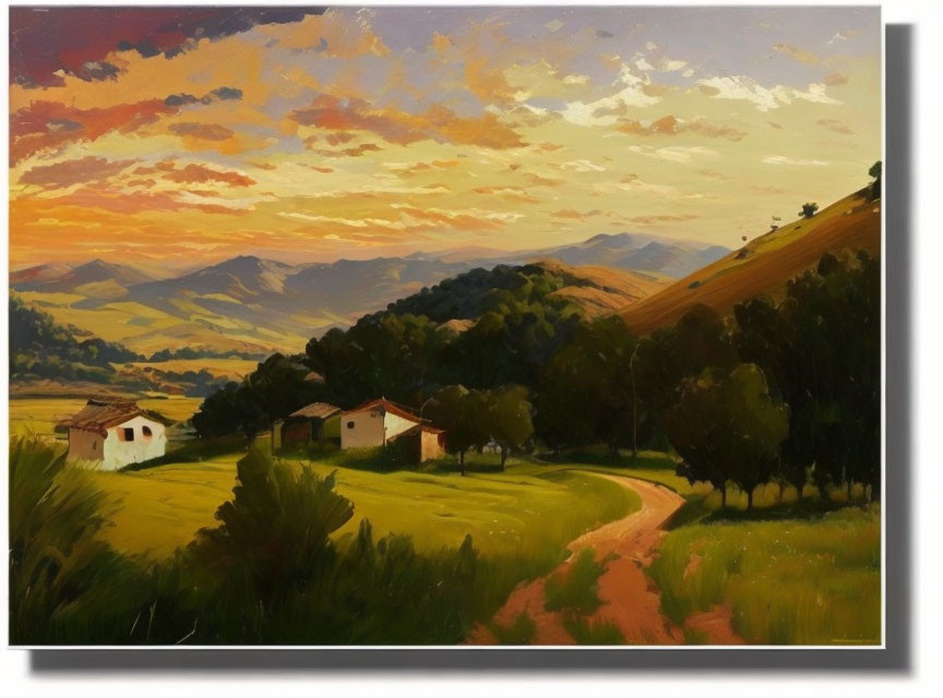 Scenic rural sunset painting with golden hills, winding path, houses, trees, and dramatic sky