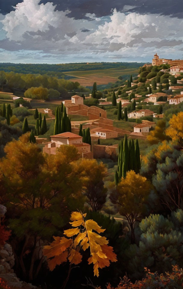 Tranquil village landscape with terracotta-roofed houses and autumn foliage