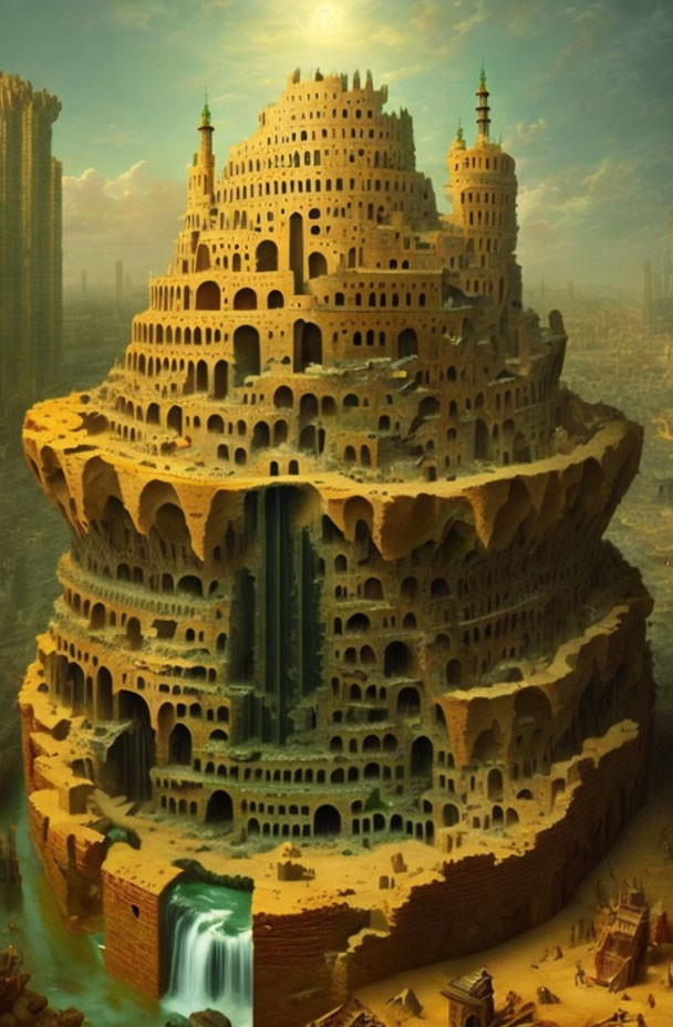 Intricate Tower of Babel with Waterfalls in Futuristic Cityscape