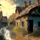 Traditional village street painting at sunset with old houses and overgrown plants in warm golden light.