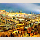 Ancient cityscape painting with terracotta buildings, sea, and mountains