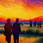 Couple holding hands in vibrant, Van Gogh-inspired landscape