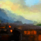 Impressionistic painting: Serene village in sunset landscape