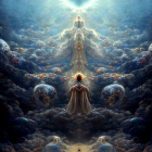 Illustration of deity meditating under celestial body among clouds