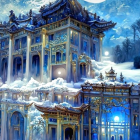 Snow-covered fantasy temple with golden accents, robed figure, blue torches, and towering statue.