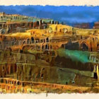 Impressionist-style painting of bustling settlement with terracotta and green buildings