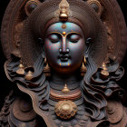 Serene-faced deity with ornate crowns and halos in blue, gold, and purple