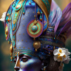 Detailed Egyptian-style headdress on mannequin with blue and gold colors