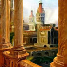 Cityscape painting with classical columns and modern skyscrapers contrast.