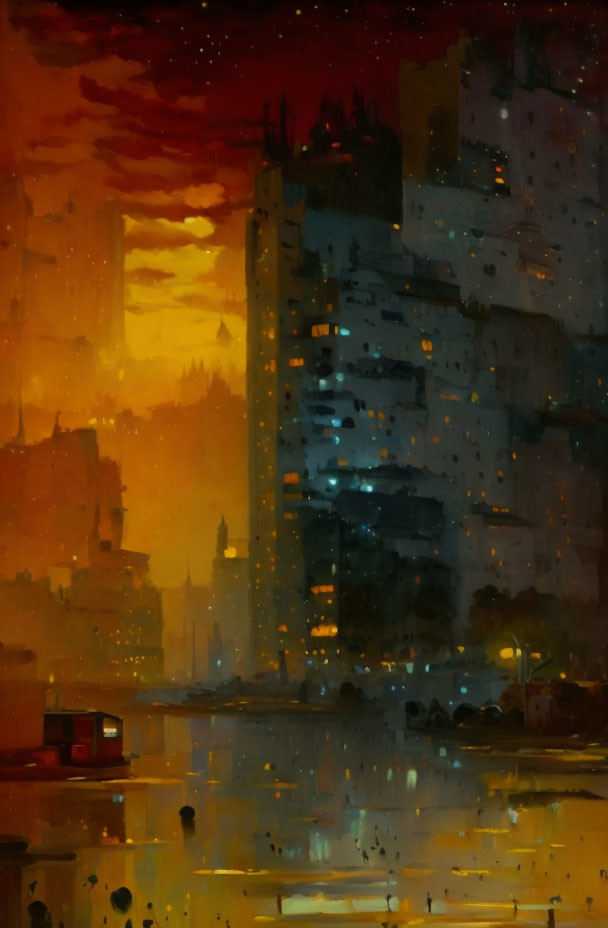 Dystopian cityscape at dusk with towering silhouetted buildings against orange sky.