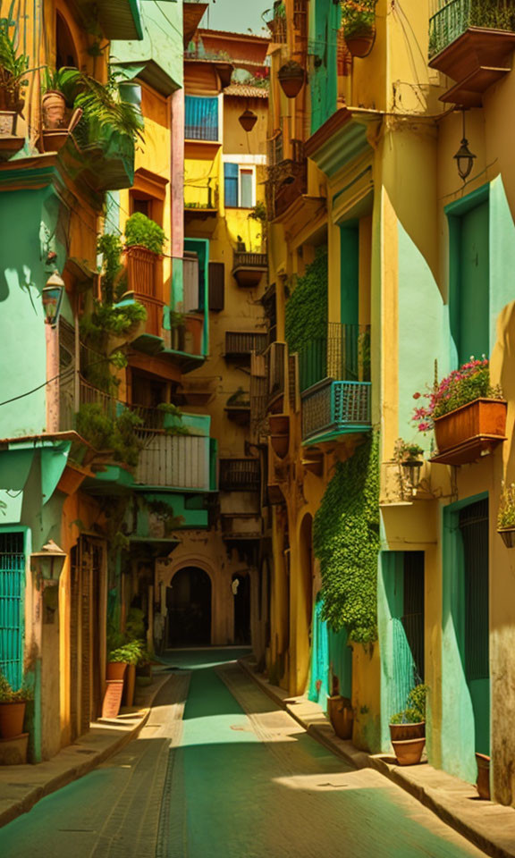 Colorful Buildings and Plant-Filled Balconies in Narrow Alleyway