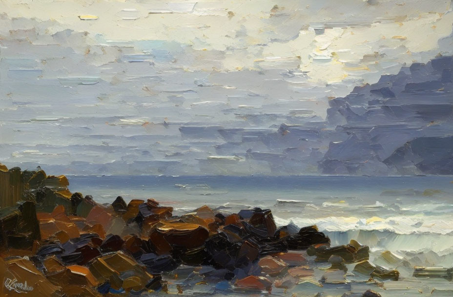 Textured oil painting: Rocky shoreline, calm sea, cloudy sky. Coastal landscape beauty.