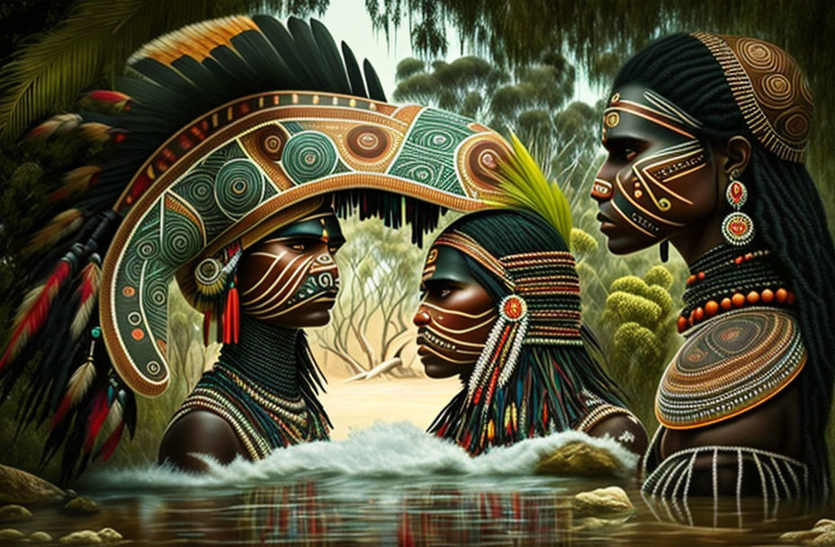 Three individuals in tribal face paint and headdresses in lush jungle setting.