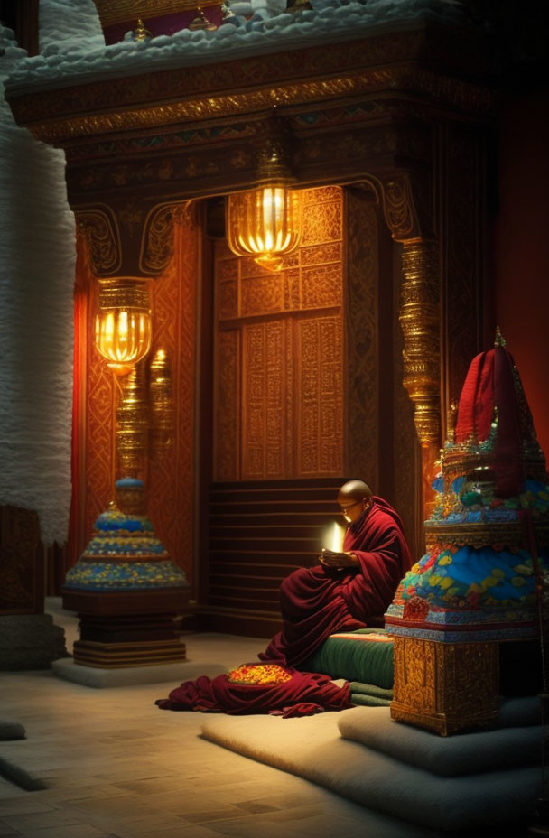 Monk in red robes reading book in ornate temple setting