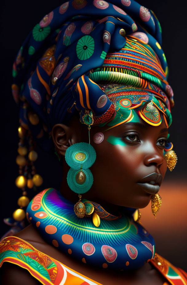 Elaborate tribal makeup and attire on woman with headwrap