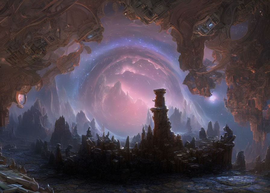 Mystical landscape with central rock pillar and futuristic structures under purple galactic sky