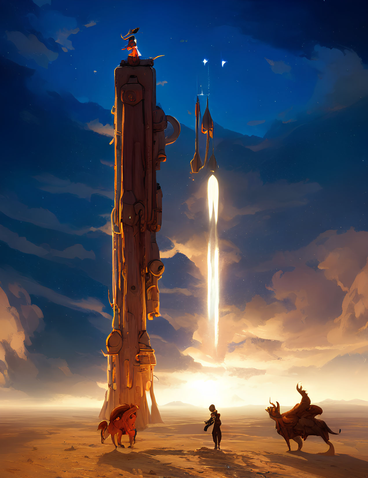 Majestic desert sunset scene with towering structure, figures, and spaceship