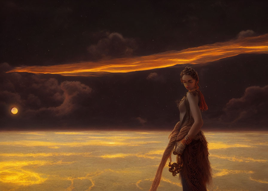 Pensive woman with sword in dramatic sunset landscape