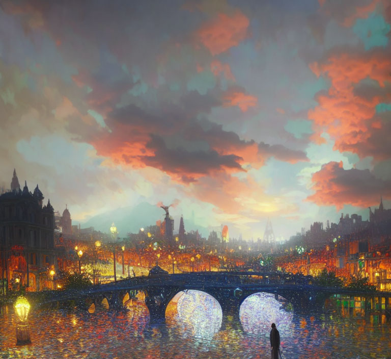 Impressionistic cityscape painting at dusk with bridge, river, and figure